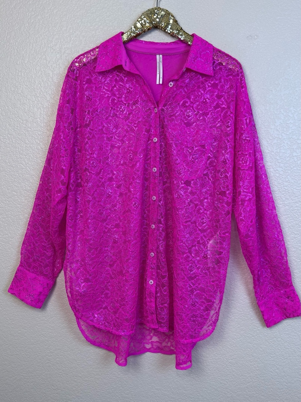 Anthropologie • Neon Pink Metallic Lace Button Down Shirt